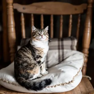 A cat sitting on a pillow, the pillow placed on a wooden cha