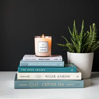 A candle on top of a stack of books, the books next to a pot