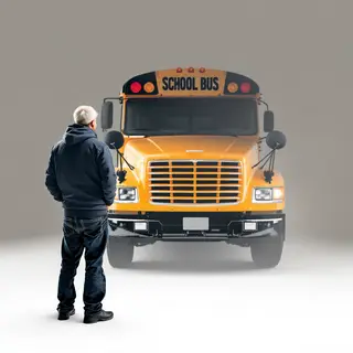 A person standing next to a yellow school bus, showing reali