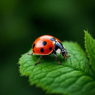 A ladybug sitting on a large green leaf, shown at realistic 