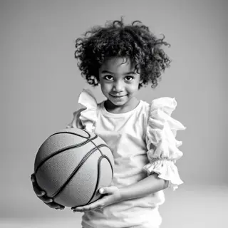 A child holding a basketball, both at correct relative sizes
