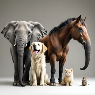 A group photo of an elephant, a horse, a dog, a cat, and a m