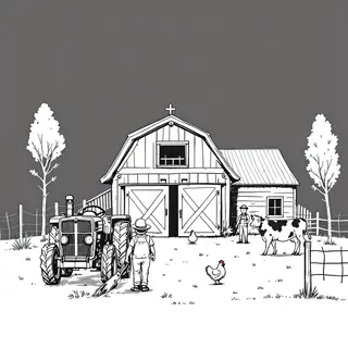 A farm scene with a barn, tractor, farmer, cow, chicken, and