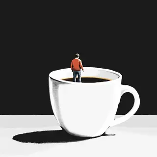 A tiny person standing on the rim of a coffee cup, looking d