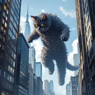 A giant tabby cat walking between city skyscrapers like a ka