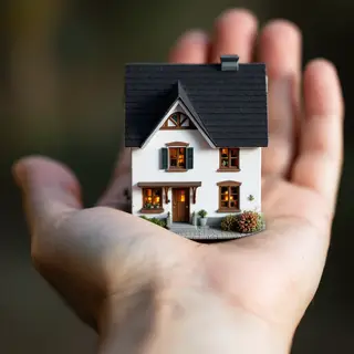 A miniature house sitting on the palm of someone's hand