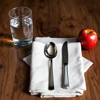A still life on a wooden table featuring a clear glass of wa