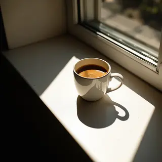 A coffee mug on a sunny windowsill casting a sharp shadow to