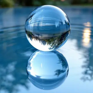 A clear glass sphere sitting on a mirror surface near a pool
