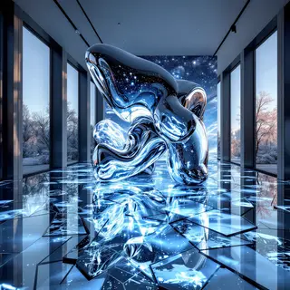 A chrome sculpture in a room with a glass floor and large wi
