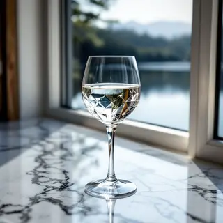 A crystal wine glass on a polished marble counter next to a 