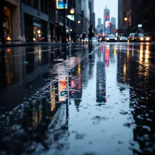 A city skyline reflected in a rain puddle on a street, with 
