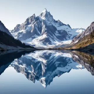 A mountain range reflected in a still alpine lake, with the 