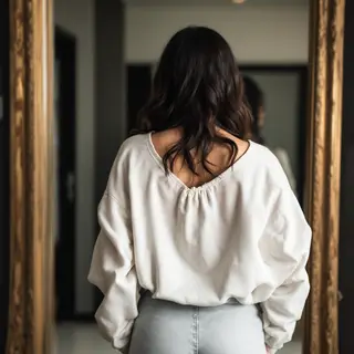 A woman standing in front of a full-length mirror, her refle