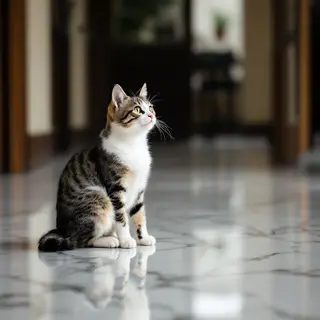 A cat sitting on a polished marble floor with its reflection