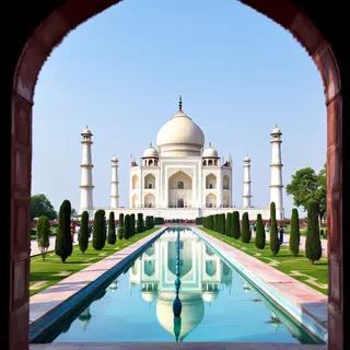 The Taj Mahal in Agra seen from the reflecting pool, with ac