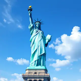 The Statue of Liberty on her island pedestal, with correct t