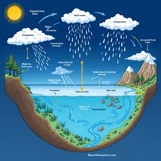 A detailed diagram of the water cycle showing evaporation fr