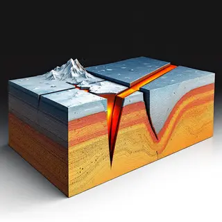 A cross-section showing tectonic plates at a convergent boun