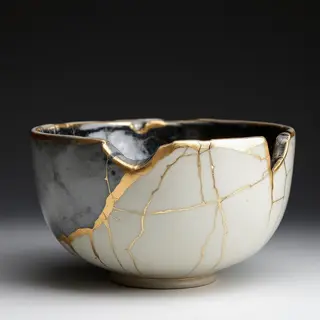 A Japanese kintsugi bowl — cracked ceramic repaired with vis