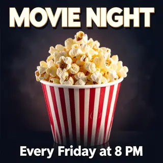 A movie night poster with a large popcorn image in the cente