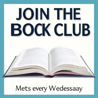 A book club poster with an open book illustration, the title