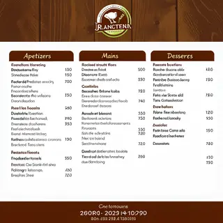 A restaurant menu layout with a logo header, three category 