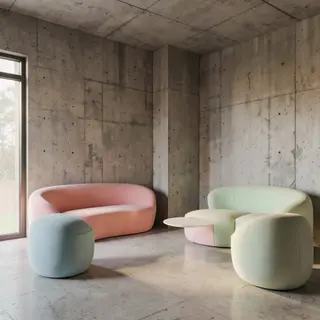 An interior scene rendered in soft brutalism — raw concrete 