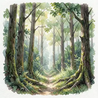 A forest rendered in photorealistic watercolor — the detail 
