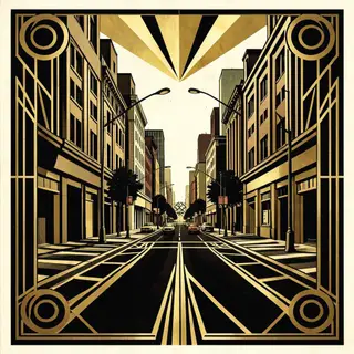 A city street scene in the style of Art Deco — geometric sha