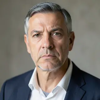 A portrait of a middle-aged man with a calm, serious express