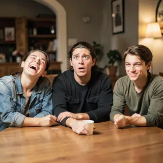A group of three friends at a table: one laughing with head 