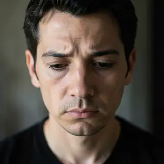 A face showing quiet melancholy — downcast eyes, slightly dr