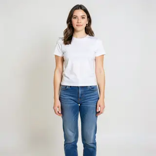 A woman standing upright in a relaxed pose, arms at her side