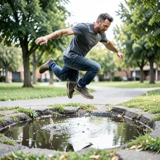 A man captured mid-jump over a puddle, body in the air with 