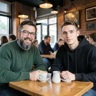 Two men at a cafe: one with a beard and glasses wearing a gr