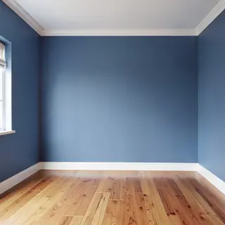 A room with walls in #4A90D9 (medium blue) with warm wooden 