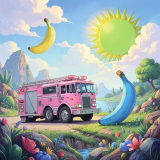 A pink fire truck, a blue banana, and a green sun in a surre