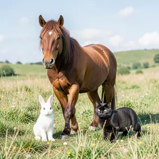 A big brown horse, a small white rabbit, and a medium-sized 