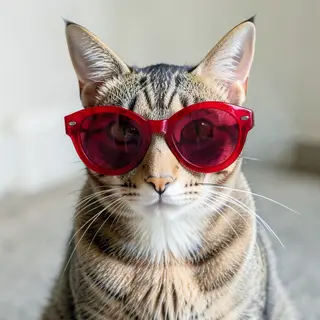 A tabby cat wearing oversized red sunglasses
