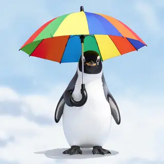 A penguin holding a colorful umbrella