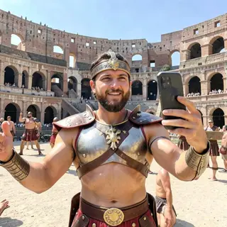 A Roman gladiator taking a selfie with a smartphone in the C