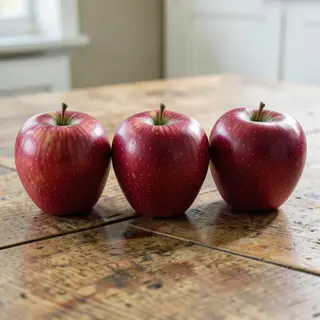 Exactly 3 red apples arranged on a wooden table