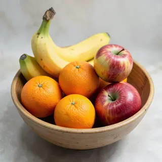 A fruit bowl containing exactly 3 bananas, 4 oranges, and 2 