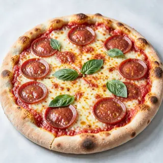 A pepperoni pizza with tomato sauce, basil, and crust but ab
