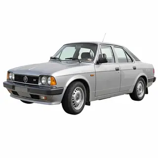 A car body with windows, doors, and headlights but no wheels