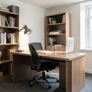 An office workspace with a desk, chair, bookshelf, and lamp 