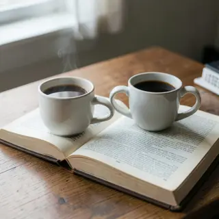 A coffee mug next to an open book on a desk