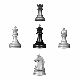 Five chess pieces on a board: a king in the center, a queen 