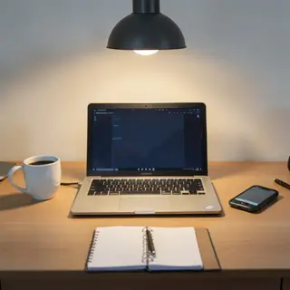 A desk scene: laptop in the center, coffee mug to the left, 